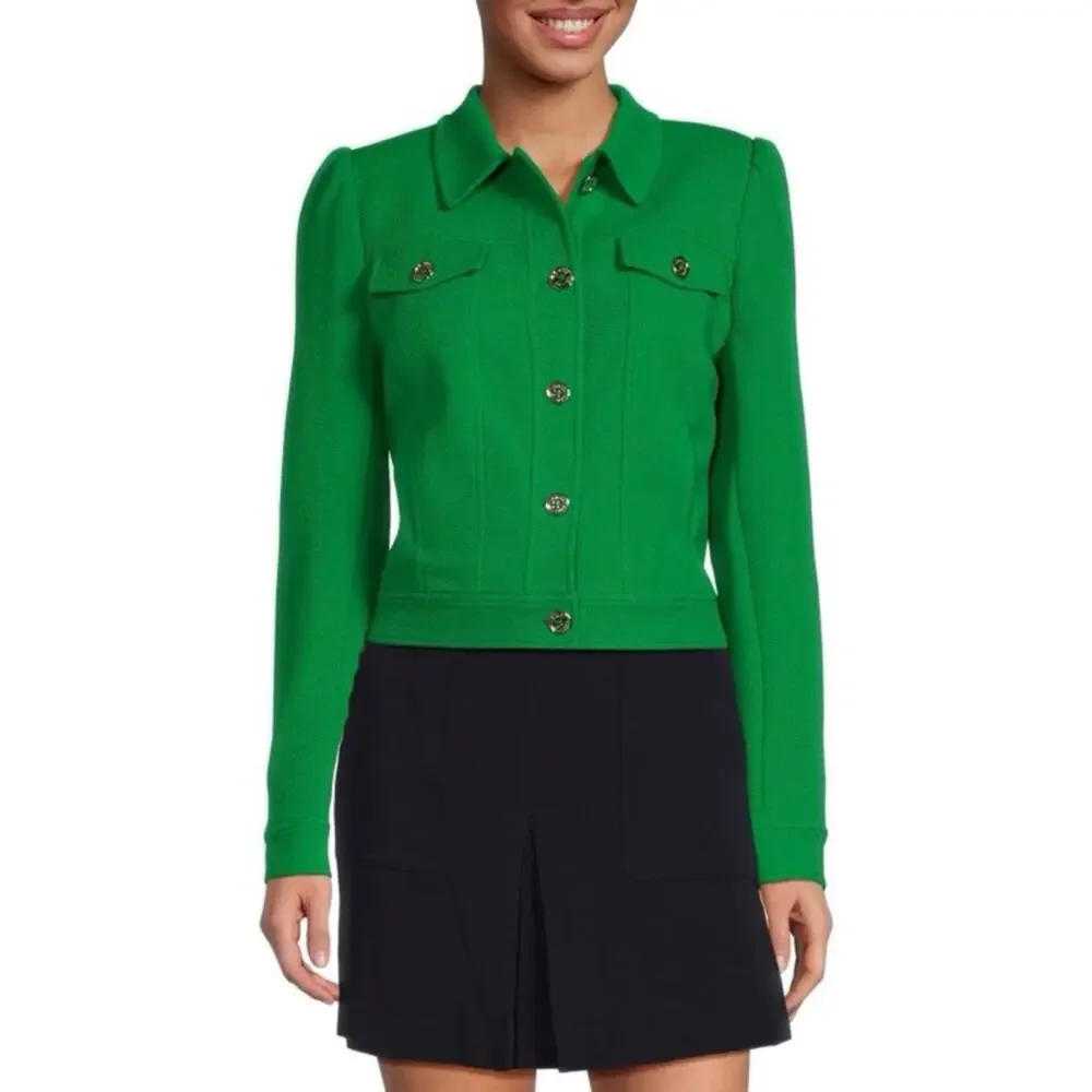Tommy Hilfiger Kelly Green Boucle Texture Puff Sleeve Trucker Jacket Medium 8